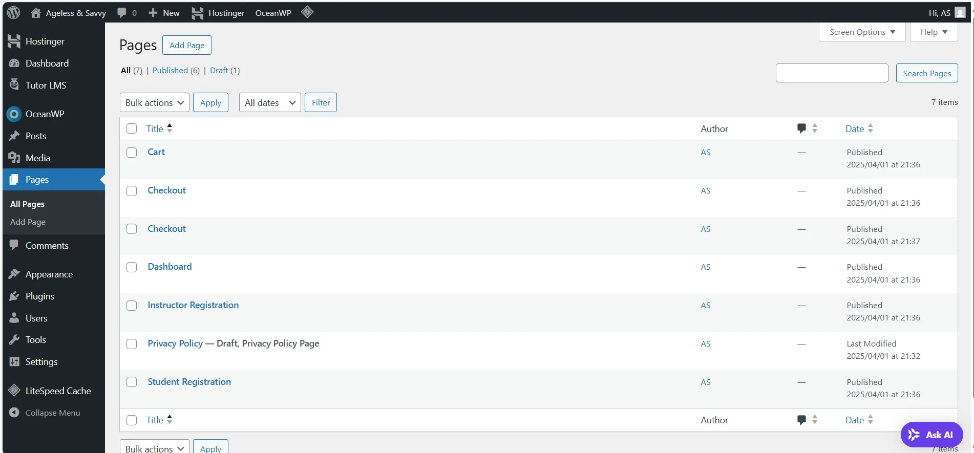 WordPress pages in dashboard